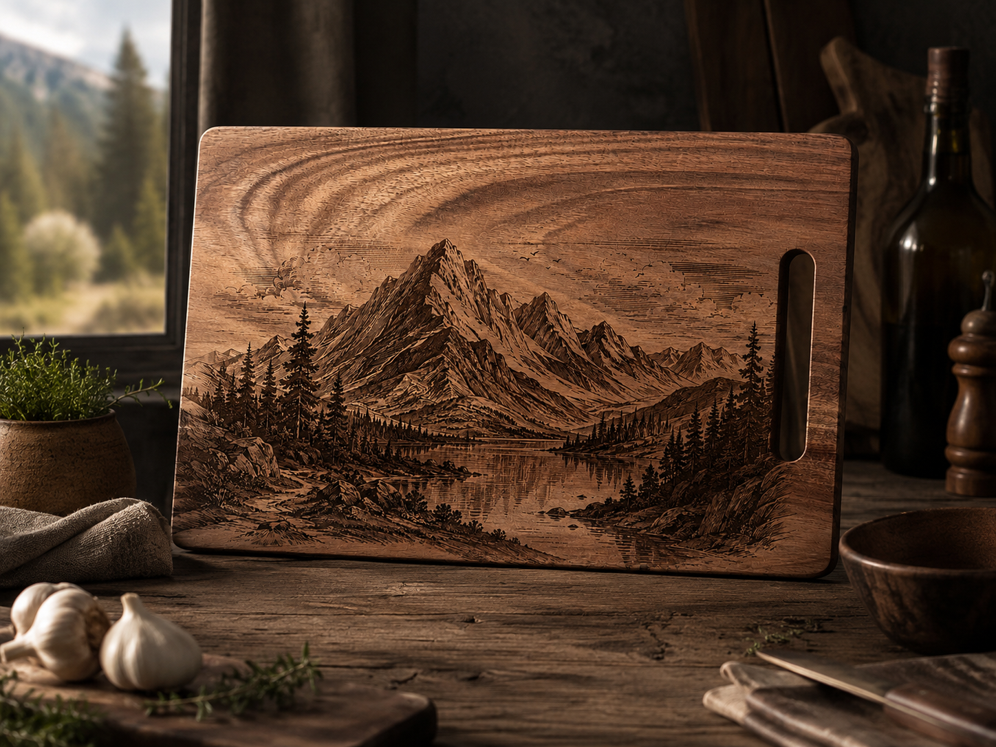 RAWLD Mountain Cutting Board by window with forest view