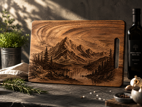 RAWLD Mountain Cutting Board with engraved mountain landscape