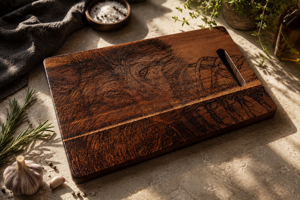 RAWLD Wolf Cutting Board with engraved wolf on stone surface