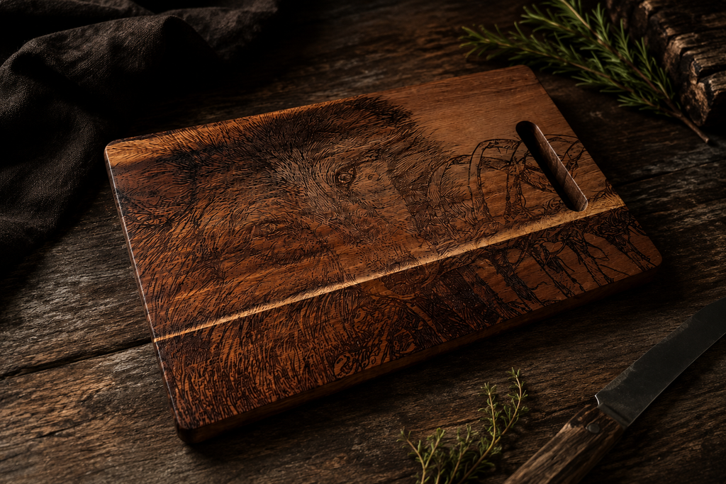 RAWLD Wolf Cutting Board with engraved wolf on dark wood surface