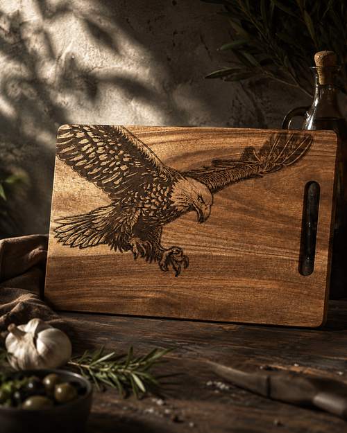 Eagle engraved cutting board - dark moody setting