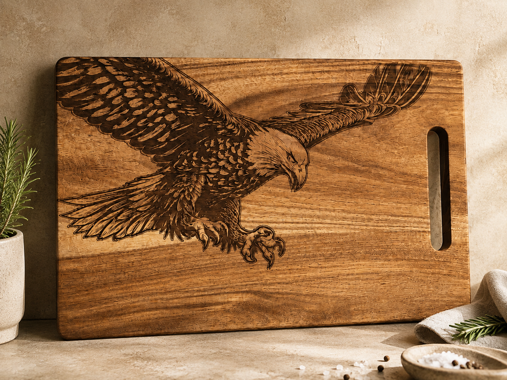 Eagle engraved cutting board - light natural setting