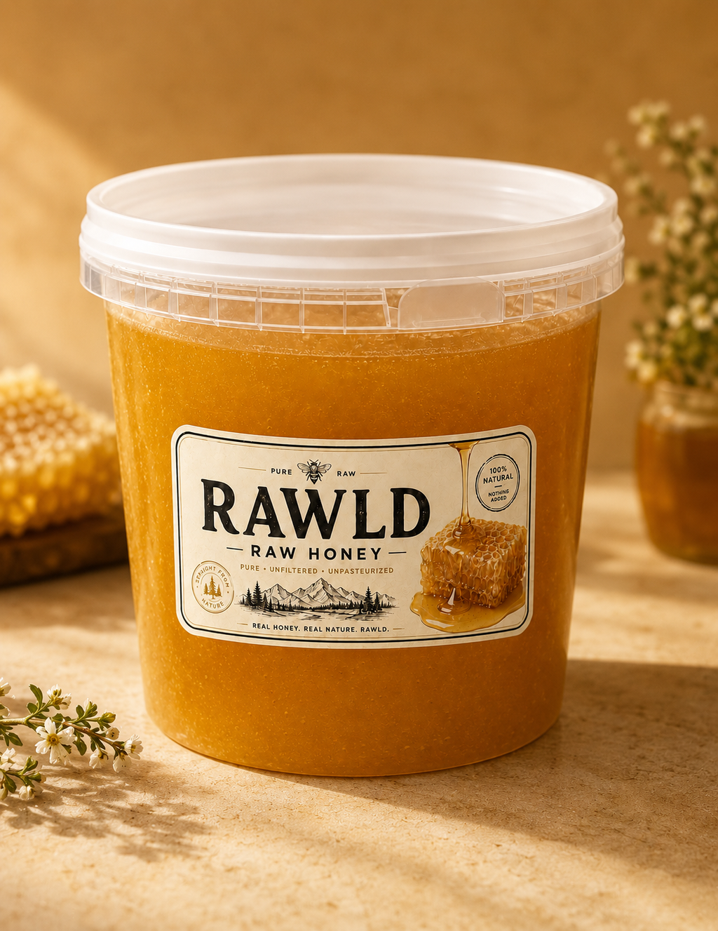 RAWLD Raw Honey 400ml bucket on rustic wooden surface