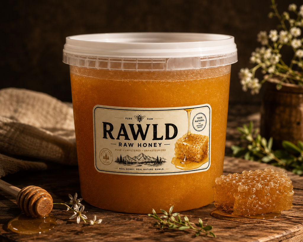 RAWLD Raw Honey 400ml bucket on light background