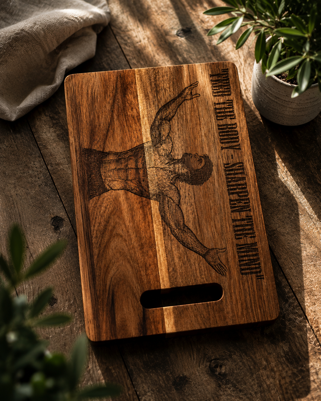 RAWLD Bodybuilder Cutting Board on wooden surface