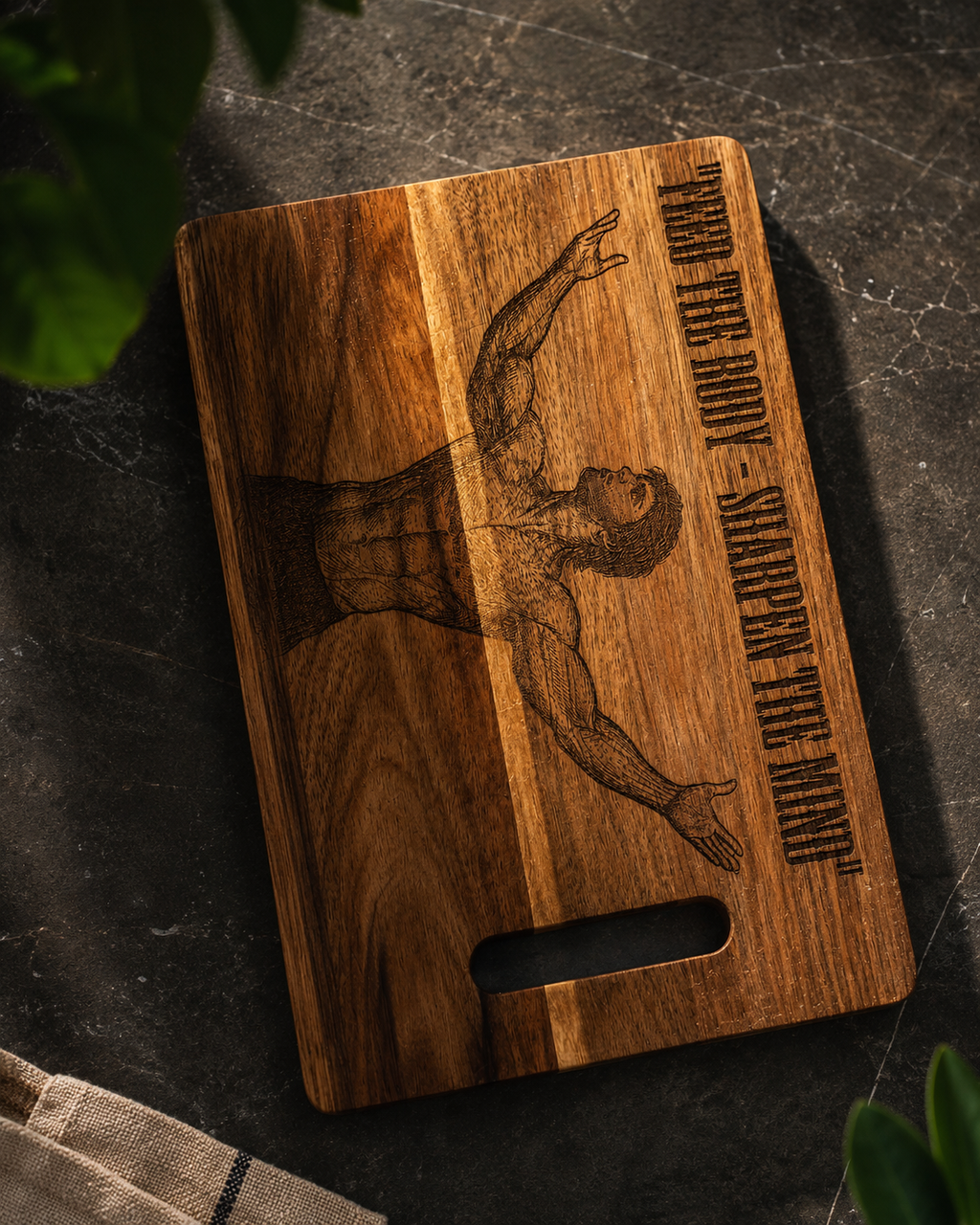 RAWLD Bodybuilder Cutting Board on dark surface